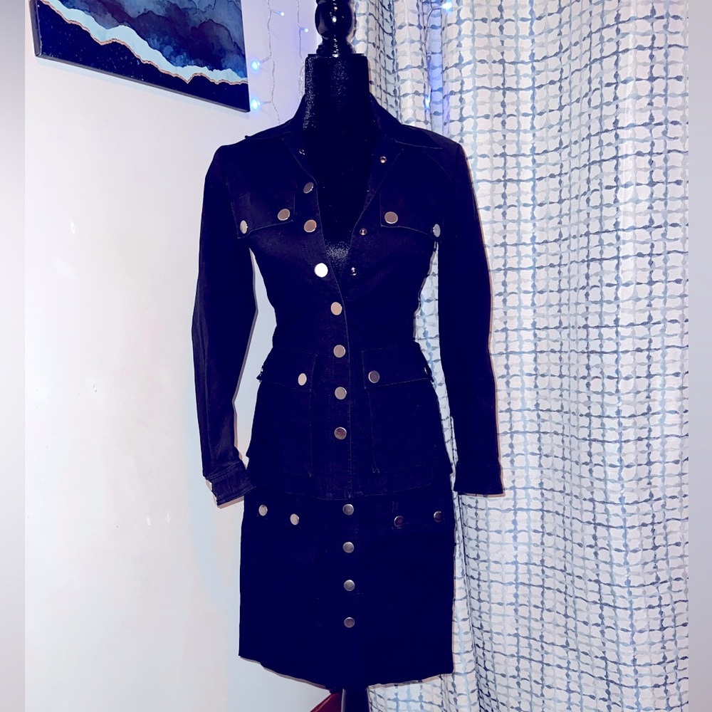 Bebe Black Skirt Suit w Silver Button Closure